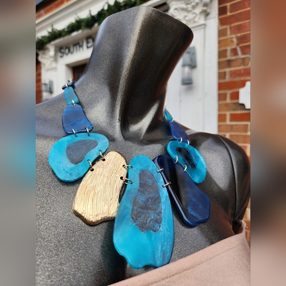 Black, Blue and Goldtone Statement Necklace with Earrings Set - Picture 2 of 15